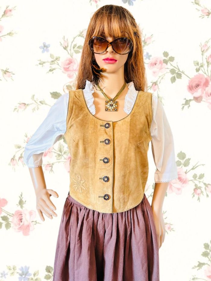 🤎🌿Gilet cuir vintage daim naturel autrichien cottagecore forest leather sleeveless jacket🌿🤎 - photo numéro 13