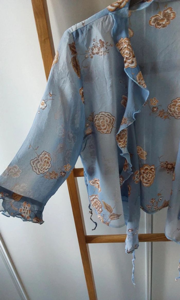 Superbe ensemble fluide Vintage bleu fleuri marron jupe et veste boléro T40 - photo numéro 15