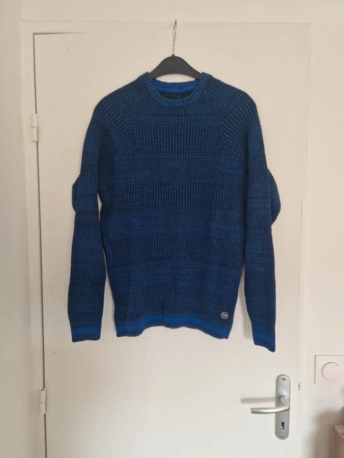 Pull homme col rond hiver grosse maille bleu 100% coton Taille M TBE angelo litrico