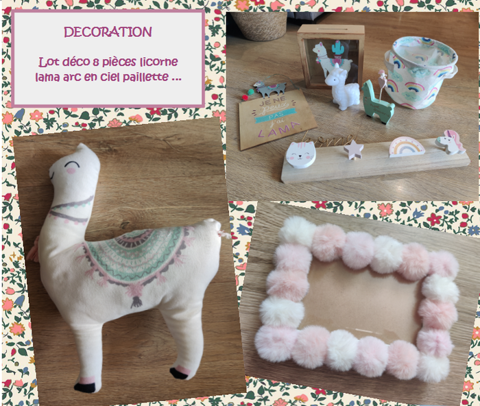 Lot déco 8 pièces licorne lama arc en ciel paillette