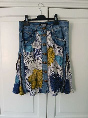 Jupe mi-longue jean & tissu multicolore 36/S - Desigual