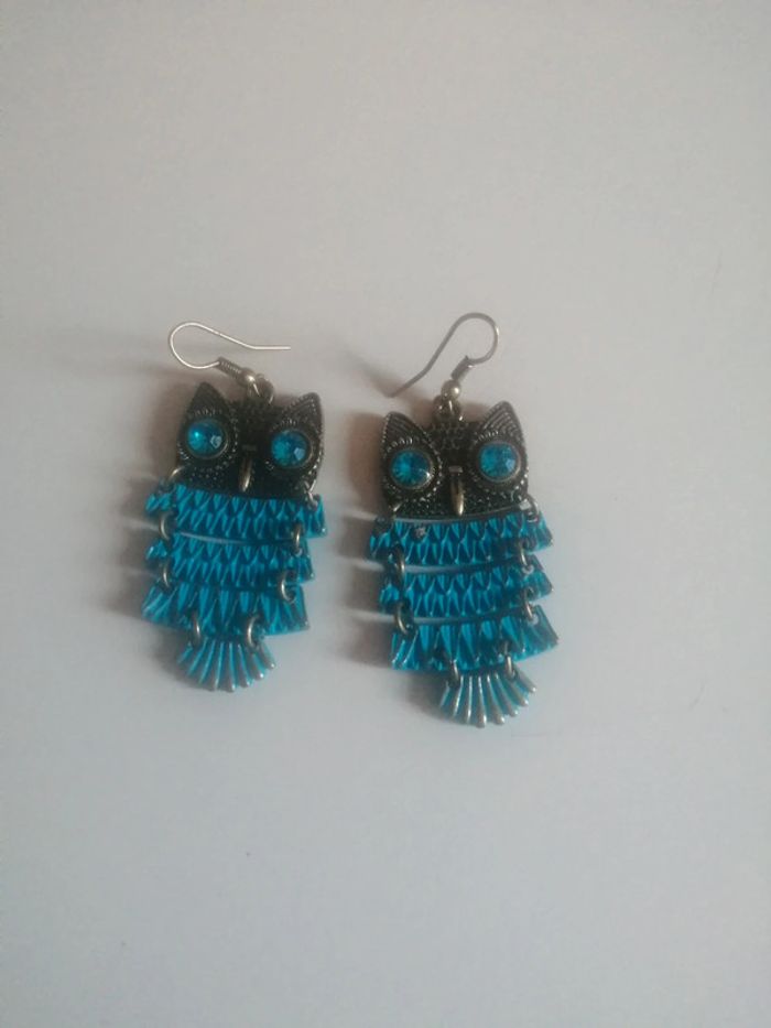 🌸Boucles d'oreille articulées hibou bleu "Vintage" 🌸