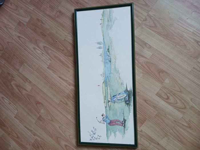 Tableau cadre vert foncé sans vitre peinture aquarelle golfeur 33 x 77 cm