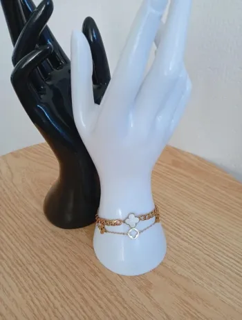 Solde 💝 Bracelet double trèfle 4 feuilles nacre fleurs  bohèmes chic tendance hippie