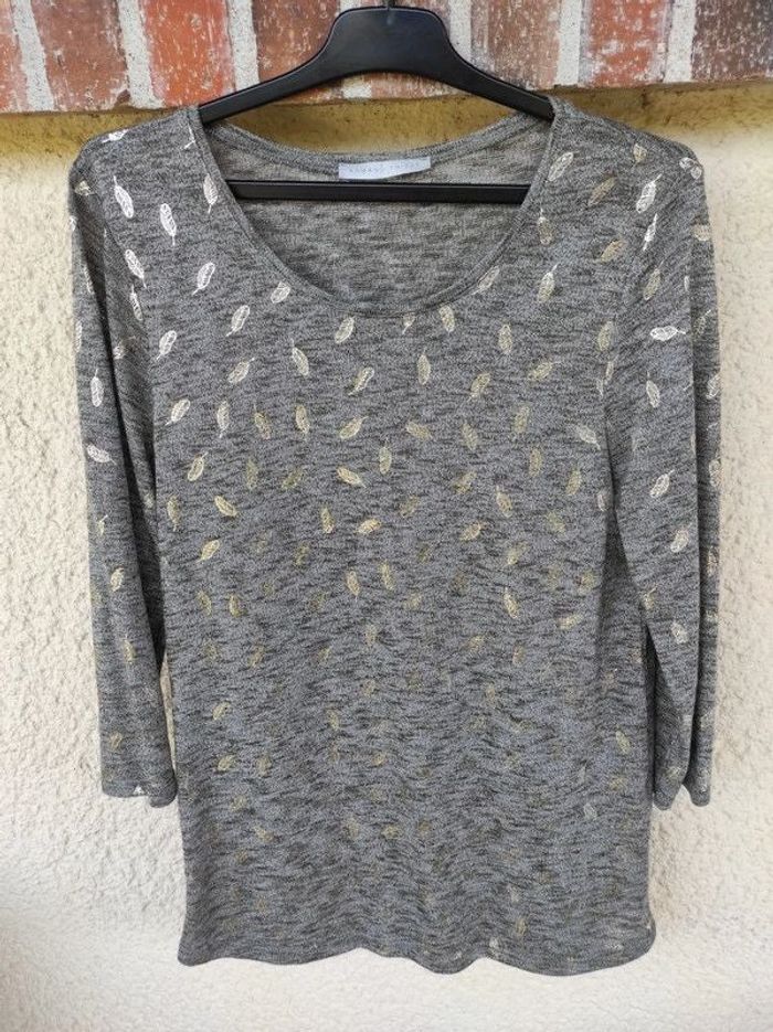 T shirt manches 3/4 plumes dorées