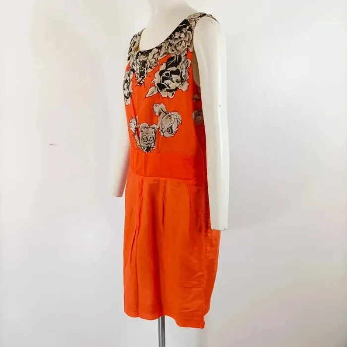 Robe d'été Orange, plastron fleurs Col rond et dos en V Taille M - Coton/Soie A440 - photo numéro 2