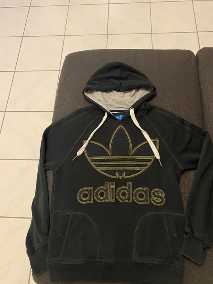Sweat à capuche adidas vintage noir taille S – Poches pression, grand trèfle kaki & noir superposé - photo numéro 2