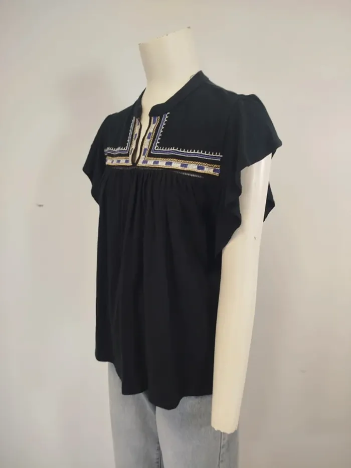 T-shirt noir manches volantes - col V détaillé A1000 - photo numéro 6