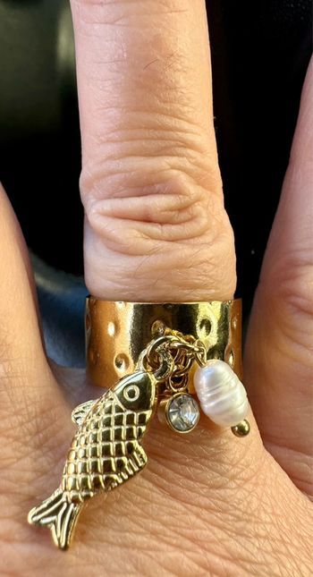 Bague large réglable acier inoxydable or breloques poisson perles cristal habaha Paris