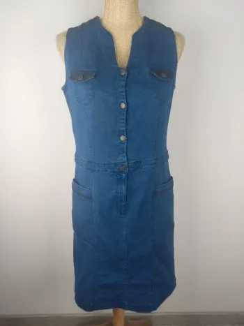 Robe mi-longue en jeans sans manches avec poches et empiècements bleu marine taille 38 Felino