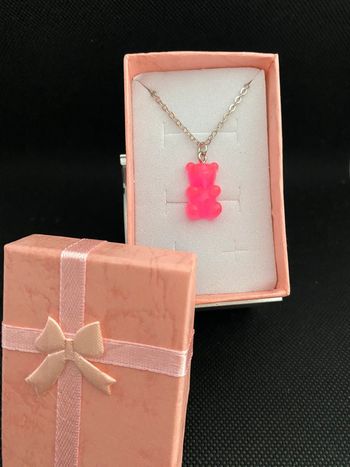Collier argenté pendentif nounours guimauve rose