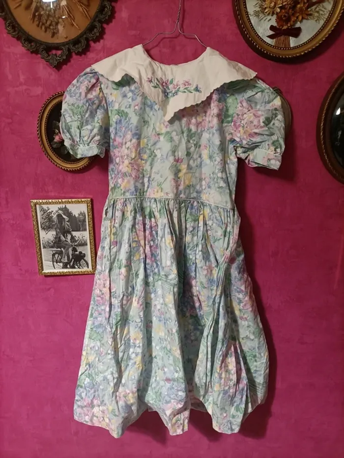 Robe fille manches courtes à fleurs pastel et col blanc vintage taille 12 ans made in France - photo numéro 3