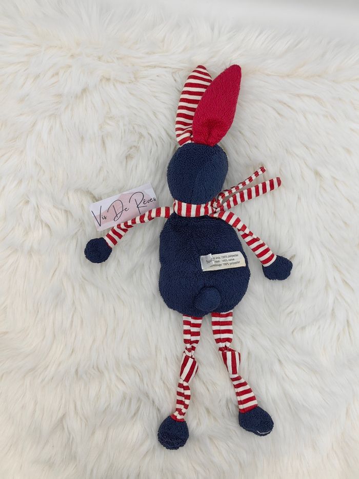 Doudou lapin Bout'chou Bleu marine, rouge et blanc. - photo numéro 3
