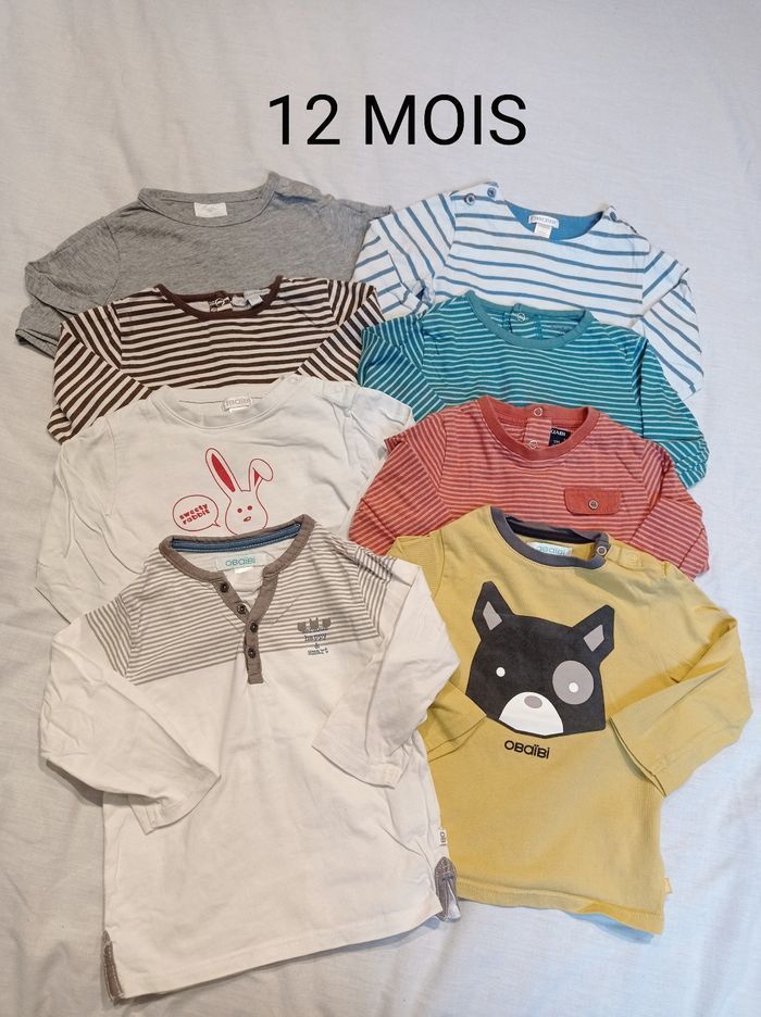 Lot 8 t-shirts manches longues diverses marques taille 12 mois