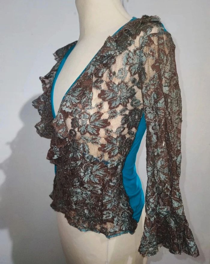 💎haut blouse cache coeur femme dentelle marron et bleu turquoise t xs 34 S 36 - photo numéro 5