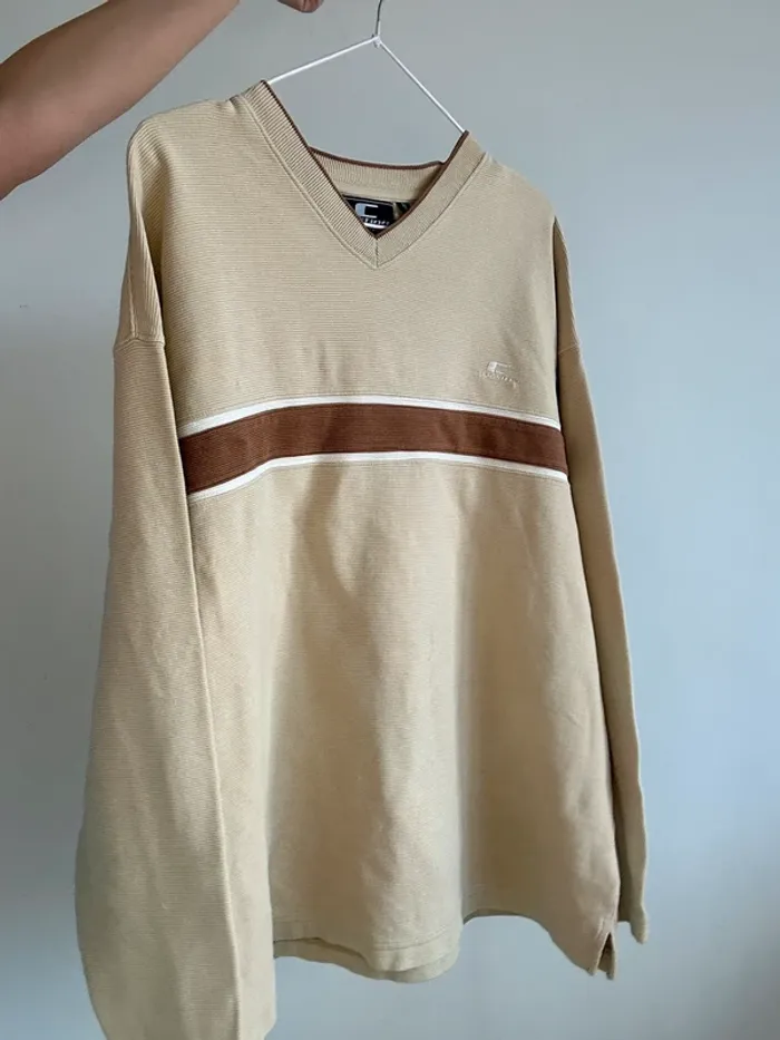 Pull sweat y2k beige et marron col V taille L - photo numéro 2