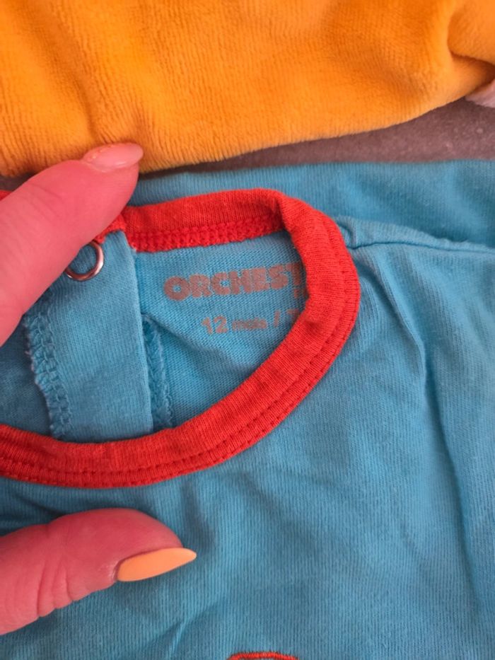 Lot 5 grenouillères bébé garçon velours coton bleu jaune blanc T12mois TBE tex orchestra - photo numéro 6