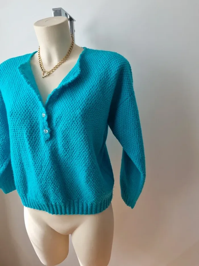 Pull turquoise tricoté vintage - photo numéro 4
