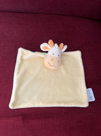 Doudou, plat, velours, carré, vache, tête, peluche, orange jaune vert