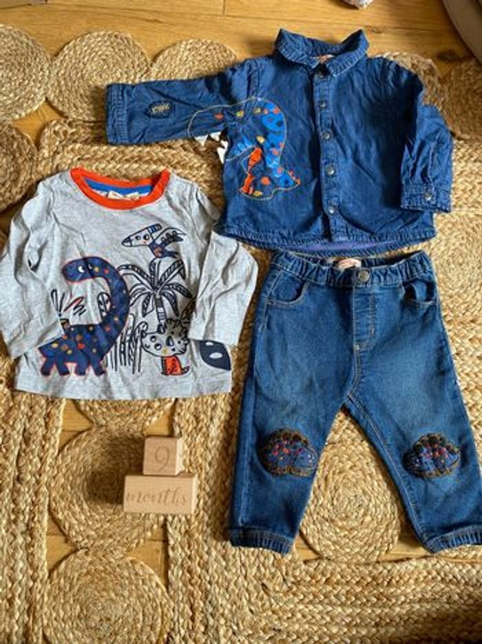Ensemble pantalon tee shirt et chemise en jean taille 9 mois DPAM - photo numéro 1
