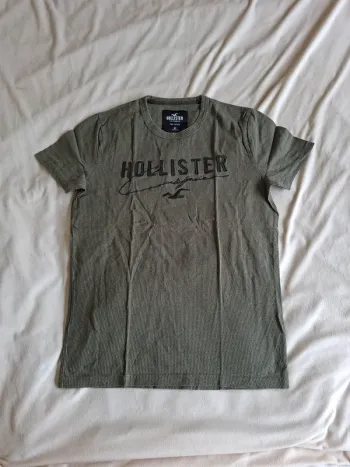 t-shirt garçon gris/vert, taille XS, marque Hollister, écriture sur le devant, en très bon état