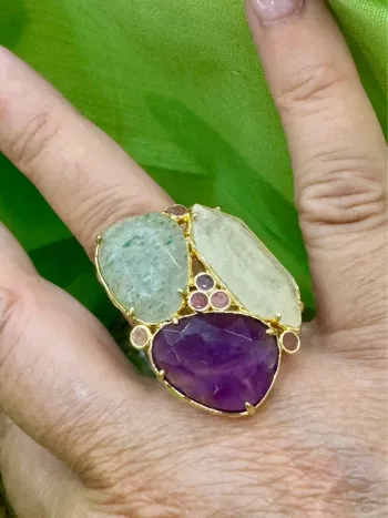 Grosse bague habaha Paris  jade vert améthyste quartz acier inoxydable or réglable