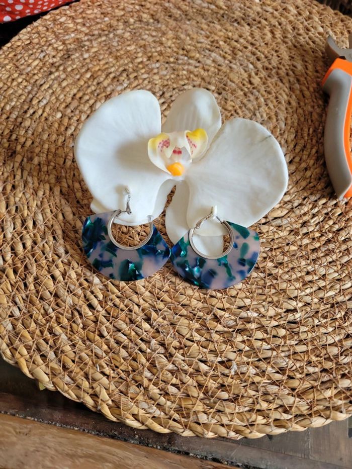 Clips d oreilles créoles bleu et vert - photo numéro 2