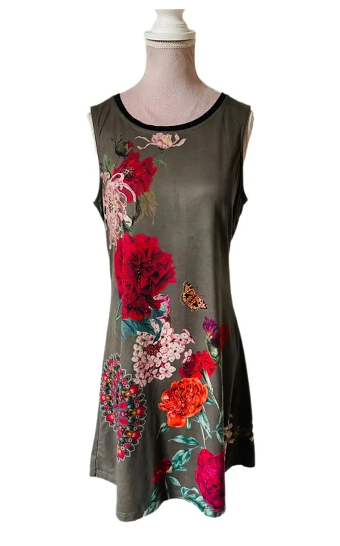 🌺🍁Robe vintage automnale kaki fleurie bohème chic S/M Autumn dress floral beaded details🍁🌺 - photo numéro 9