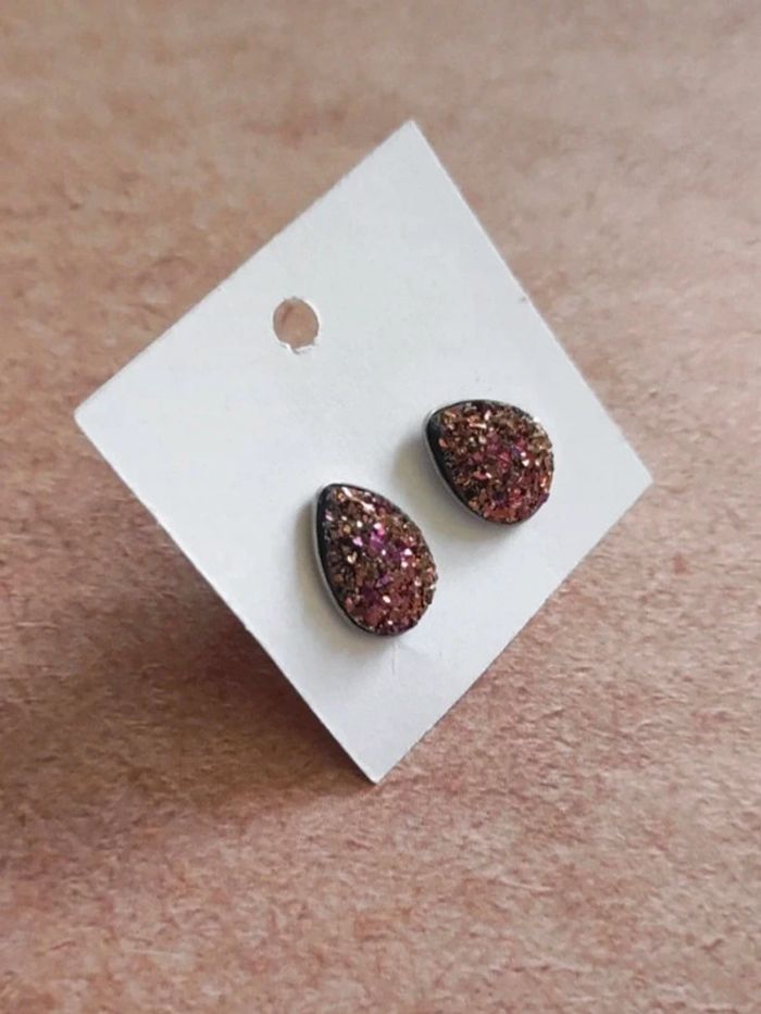 Boucles puces d'oreilles goutte strass doré rose inox 🇨🇵 Fabrication Artisanale - Ø 12mm - photo numéro 2