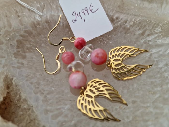 Boucles D'oreilles Ailes Acier Perles Calcedoine - photo numéro 6