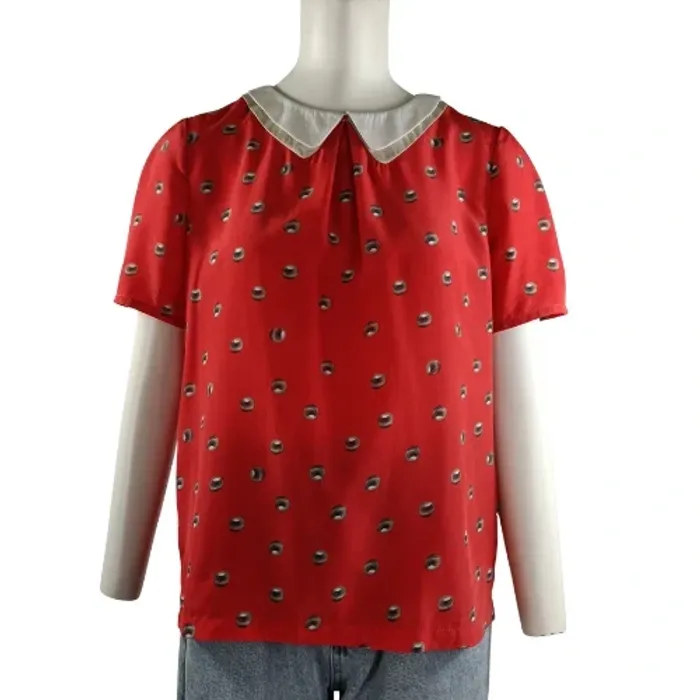 Top rouge à col claudine blanc See U Soon imprimé pois taille S style rétro A1543