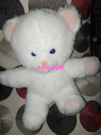 Peluche ours blanc rose bicolore Boulgom ancien vintage yeux bleus d'occasion autour de 26 cm de haut +/- yeux bleus 