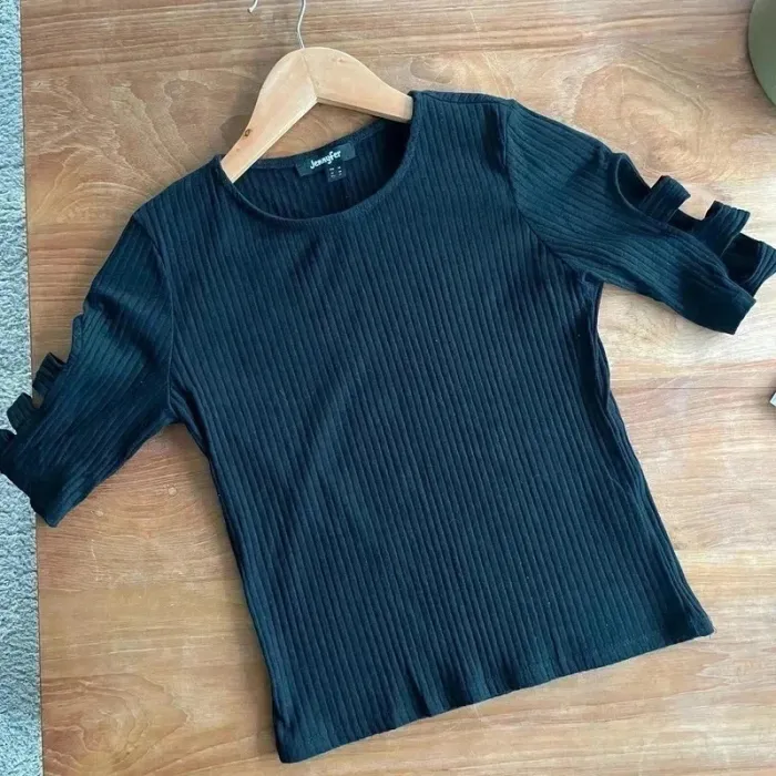 t-shirt Jennyfer T.M manches ajourées, maille côtelée stretch, col rond, coupe près du corps V036 - photo numéro 10