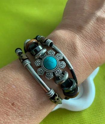 Bracelet vintage bohème fleur bleue turquoise en cuir synthétique