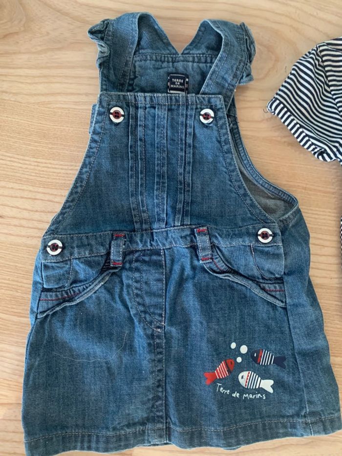Lot ensemble salopette robe en jeans terre de marins et t shirts marinière - photo numéro 2