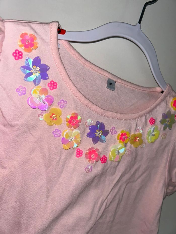 T-shirt manches courtes rose à fleurs - 8 ans - photo numéro 2