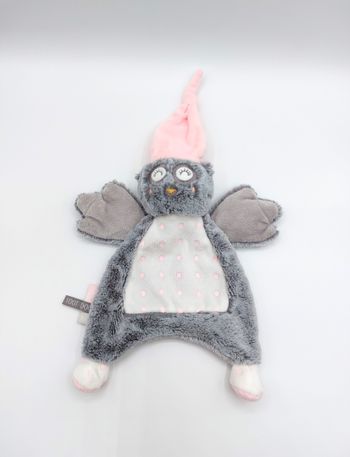 Doudou plat chouette hibou gris blanc Tape à l’oeil TAO bonnet rose tout doux état neuf