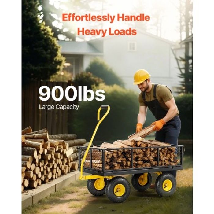 VEVOR Chariot de Jardin Transport, Charge 408,23 kg, Chariot Utilitaire Robuste Tractable Extérieur en Métal avec Pneus 254 mm, Côtés Amovibles en Maille Réglables, Poignée Rotative 180°, Jaune Noir - photo numéro 2