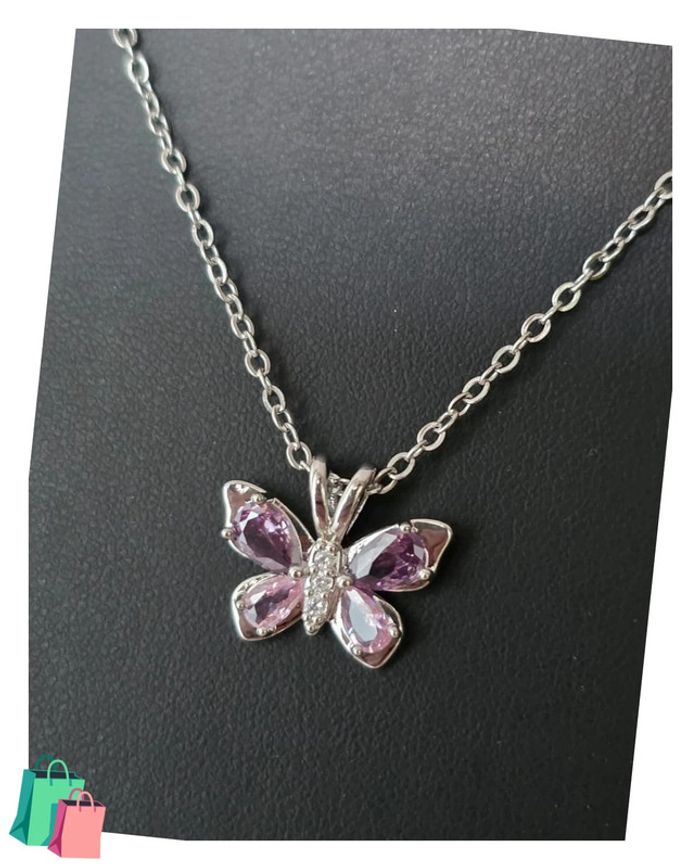 Collier maille jaseron pendentif papillon rose avec pierre d'ornement acier inoxydable - photo numéro 3