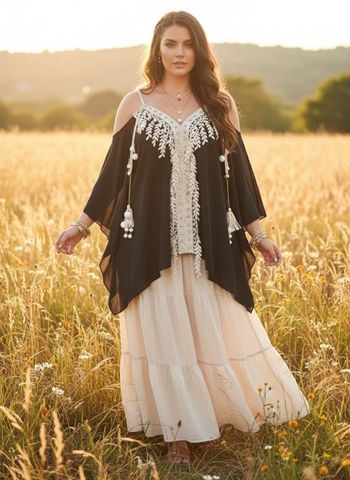 Tunique Bohème Chic Passion Lilly – Haut Noir Fluide avec Broderies Dentelle et Pompons – Taille 46/48

