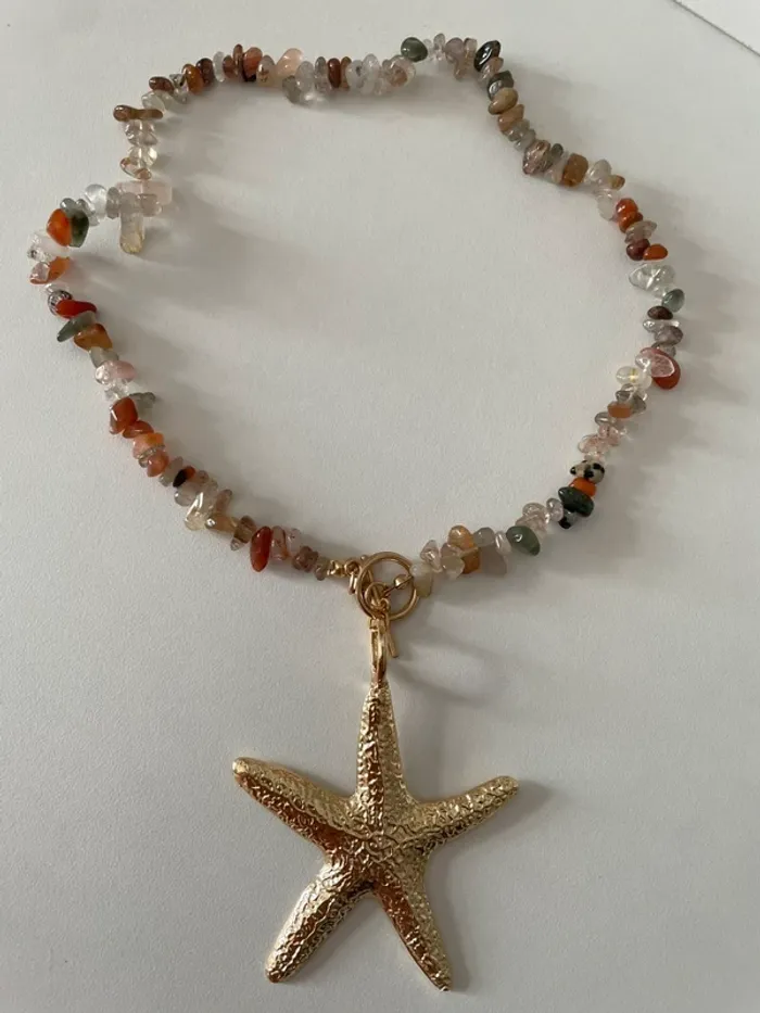 Collier pierre naturelles & pendentif étoile de mer dorée - photo numéro 2