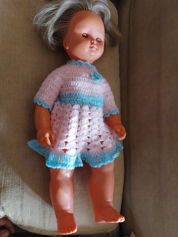 Poupée doll ancienne birgé blonde blond hair yeux eyes bleu blue robe dress tricot laine rose pink - photo numéro 6