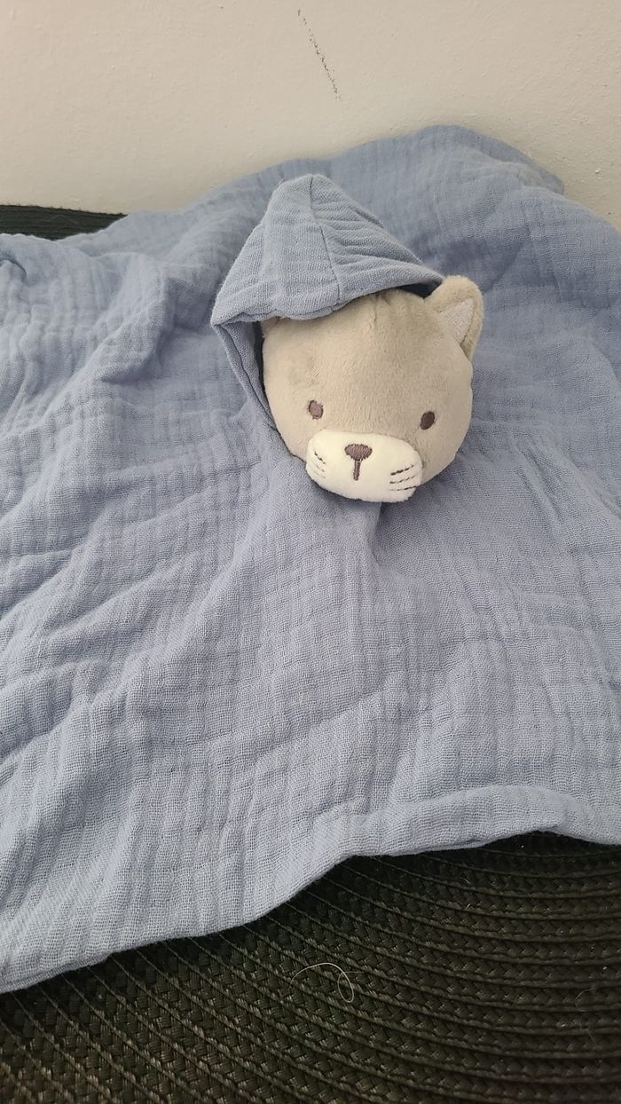 Doudou plat gaze de coton chat bleu - photo numéro 2