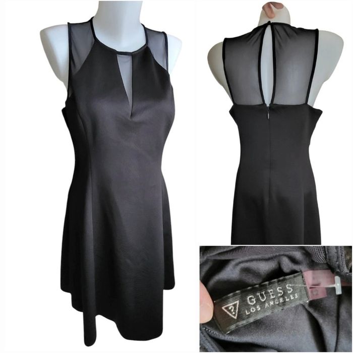 Robe ceintrée noire satinée avec plumetis. Décolleté et dos en voile. Guess XL/42. Neuve 🥰