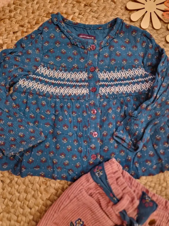 Ensemble blouse bleu et short rose en velours sergent major 18 mois bébé fille - photo numéro 2