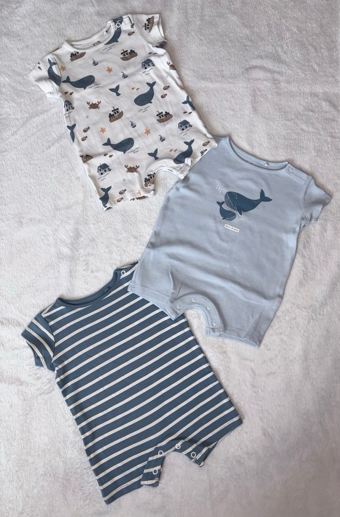 lot 3 barboteuses / pyjamas, thème marin