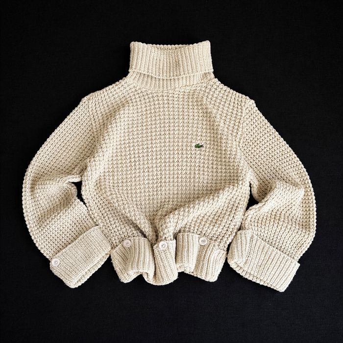 Pull Lacoste Brodé Beige Coton Col Roulé Vintage Maille Épaisse Size S/M - photo numéro 1