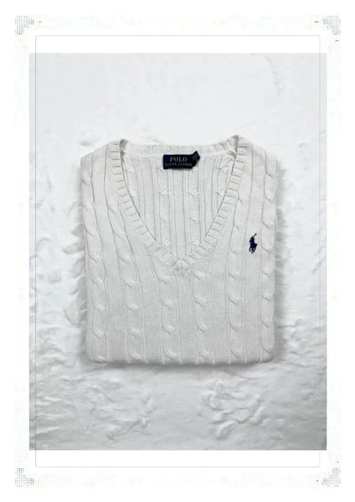 Ralph Lauren pull torsadé blanc femme taille M coton col V - photo numéro 16