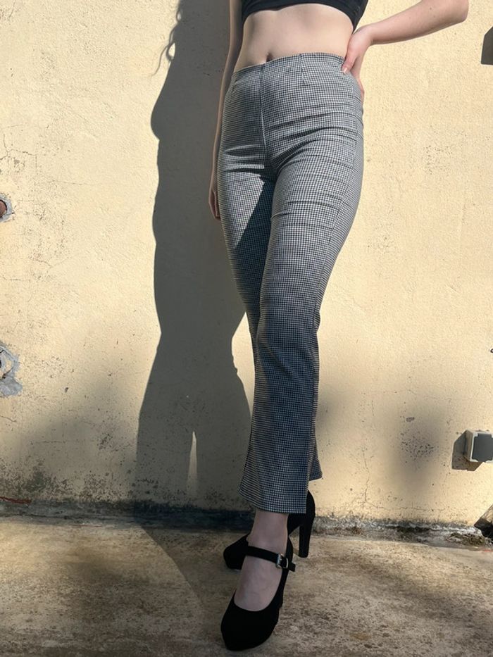 Pantalon flare évasé taille haute élastique - motifs carreaux - photo numéro 5