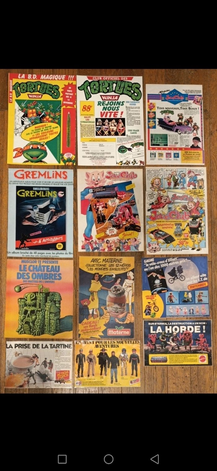 Lot de 12 anciennes publicités plastifiées divers jouets garçon vintage